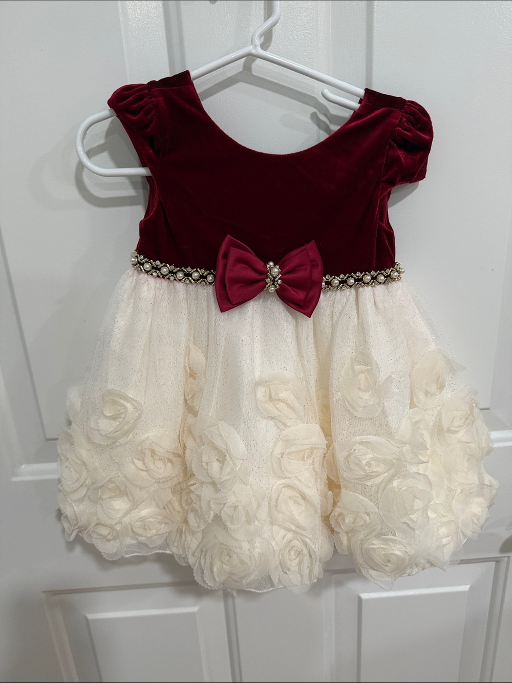 Burgundy Velvet and Cream Floral Tulle Party Dress for Girls